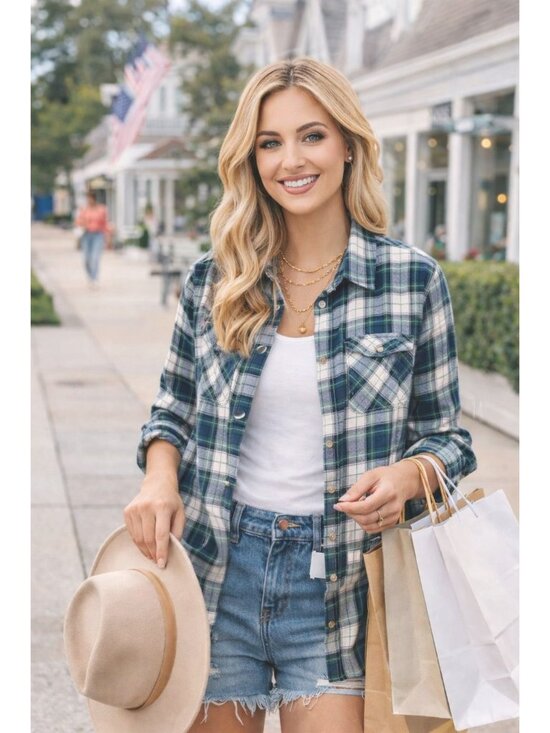Forever 21 Tops - Forever 21 Size L Green Blue Button Up Flannel Shirt Academia Lumbercore Classic